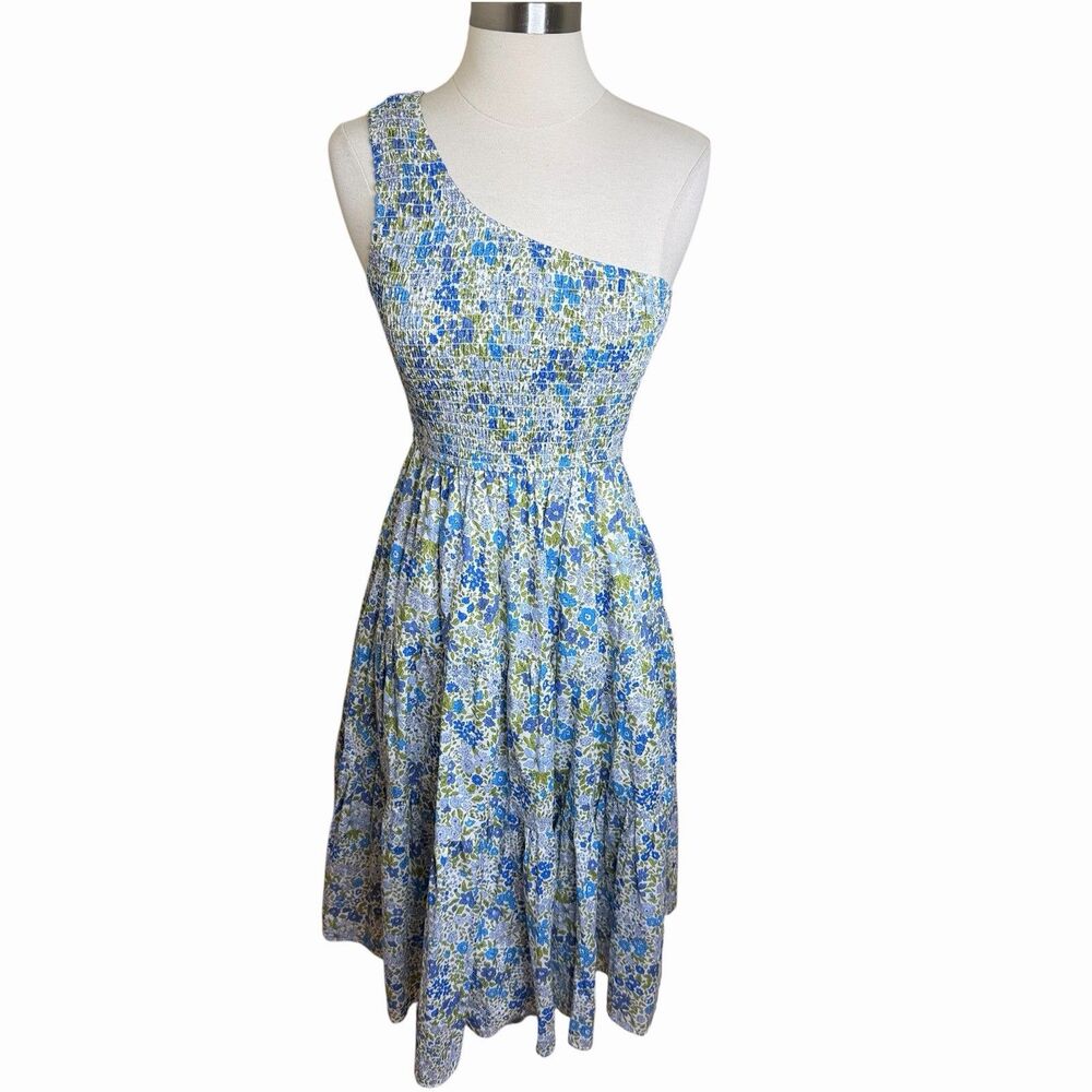 Lulus Divinely Blooming Blue Multi Floral One Shoulder Smocked Midi Dress S NEW